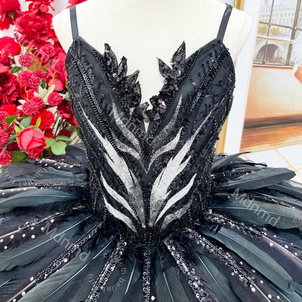 Black Swan Professional Ballet Tutu - Handmade Feathers, Custom Fit for Swan Lake Performances