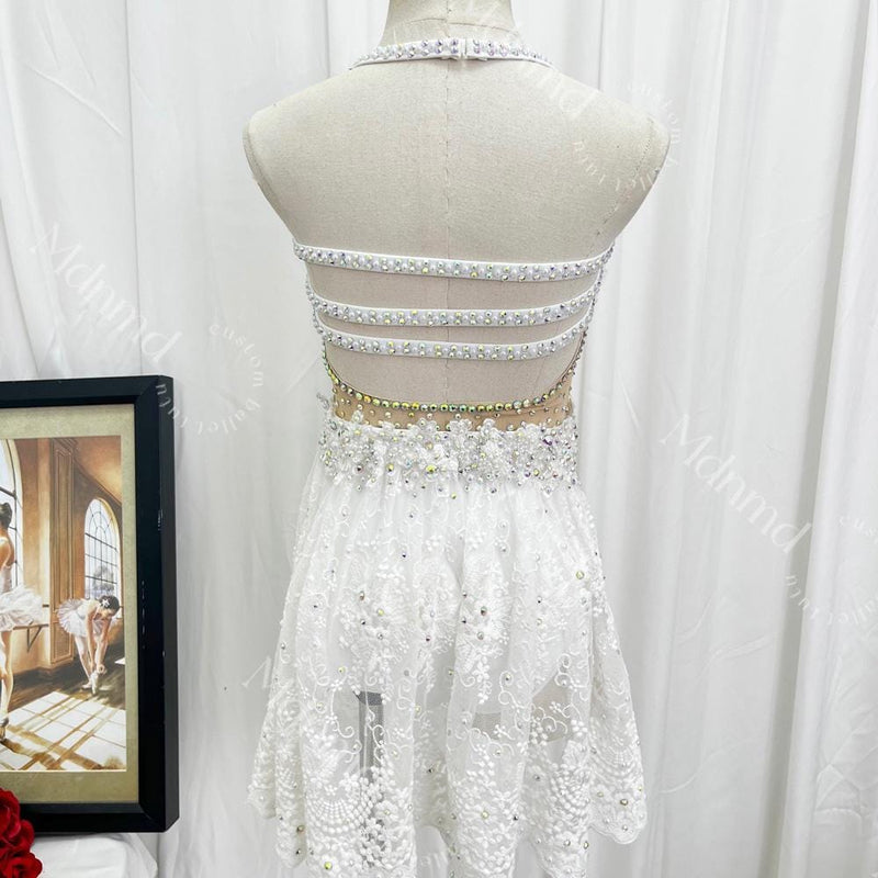Handmade Contemporary Costume White Lyrical Dance Costume: Pearl Crystal Solo Ballet Dress