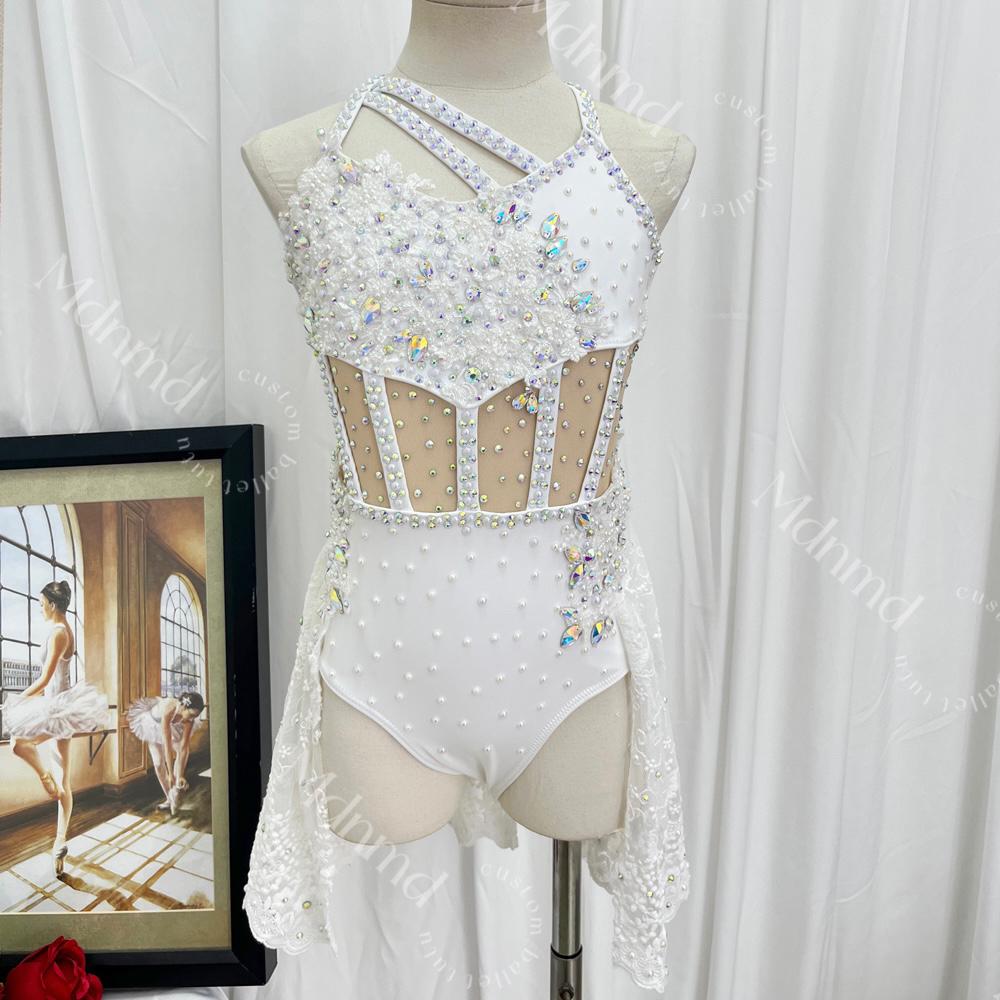Handmade Contemporary Costume White Lyrical Dance Costume: Pearl Crystal Solo Ballet Dress