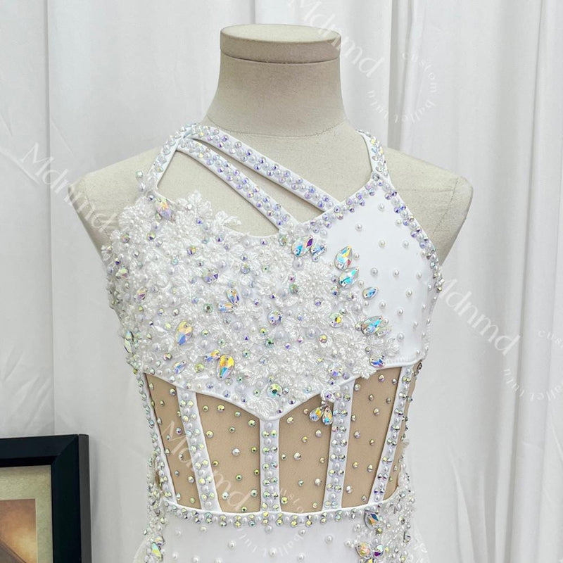 Handmade Contemporary Costume White Lyrical Dance Costume: Pearl Crystal Solo Ballet Dress