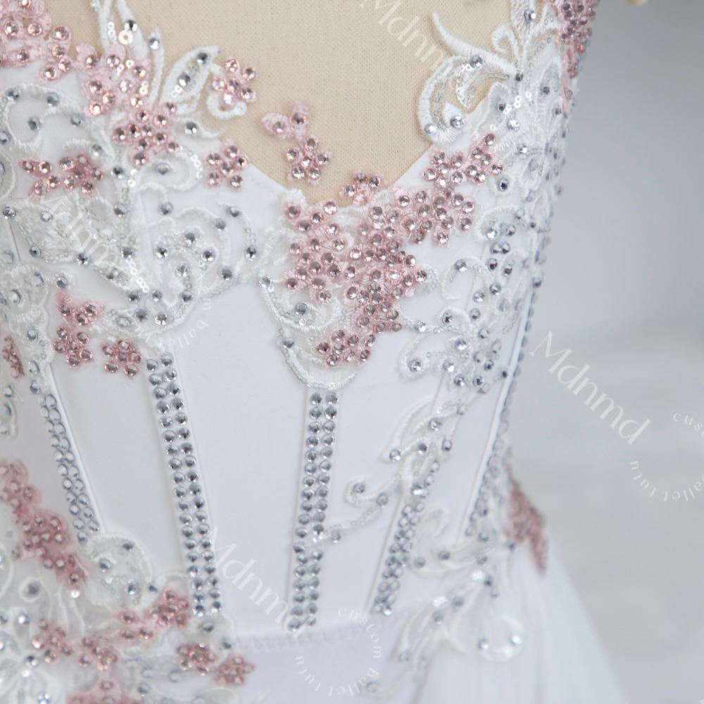 Handmade Contemporary Costume Lyrical Dance Costume: White & Pink Solo Dress with Gold Details