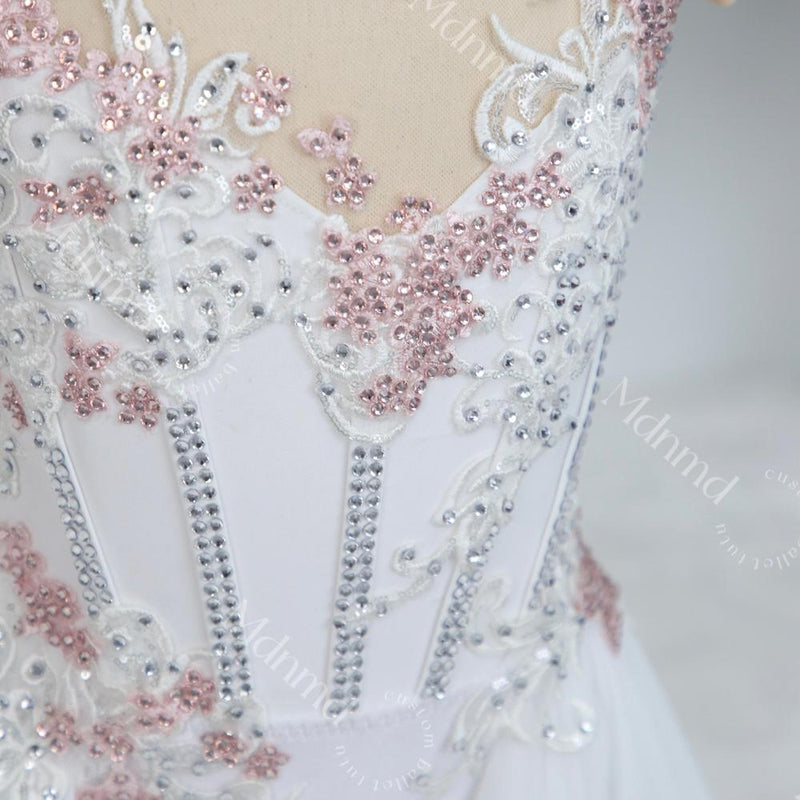 Handmade Contemporary Costume Lyrical Dance Costume: White & Pink Solo Dress with Gold Details