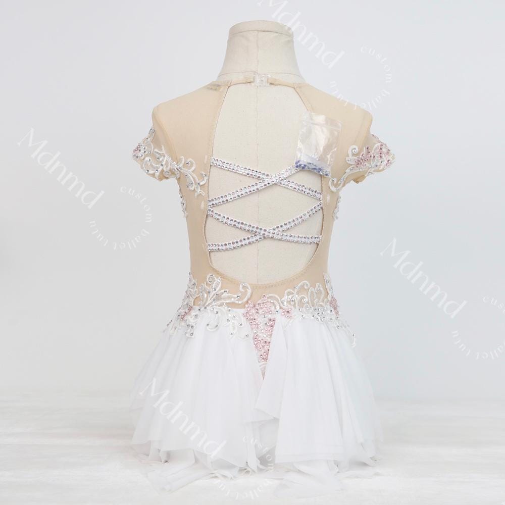 Handmade Contemporary Costume Lyrical Dance Costume: White & Pink Solo Dress with Gold Details