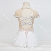 Handmade Contemporary Costume Lyrical Dance Costume: White & Pink Solo Dress with Gold Details
