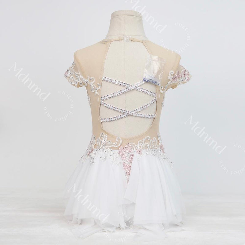 Handmade Contemporary Costume Lyrical Dance Costume: White & Pink Solo Dress with Gold Details