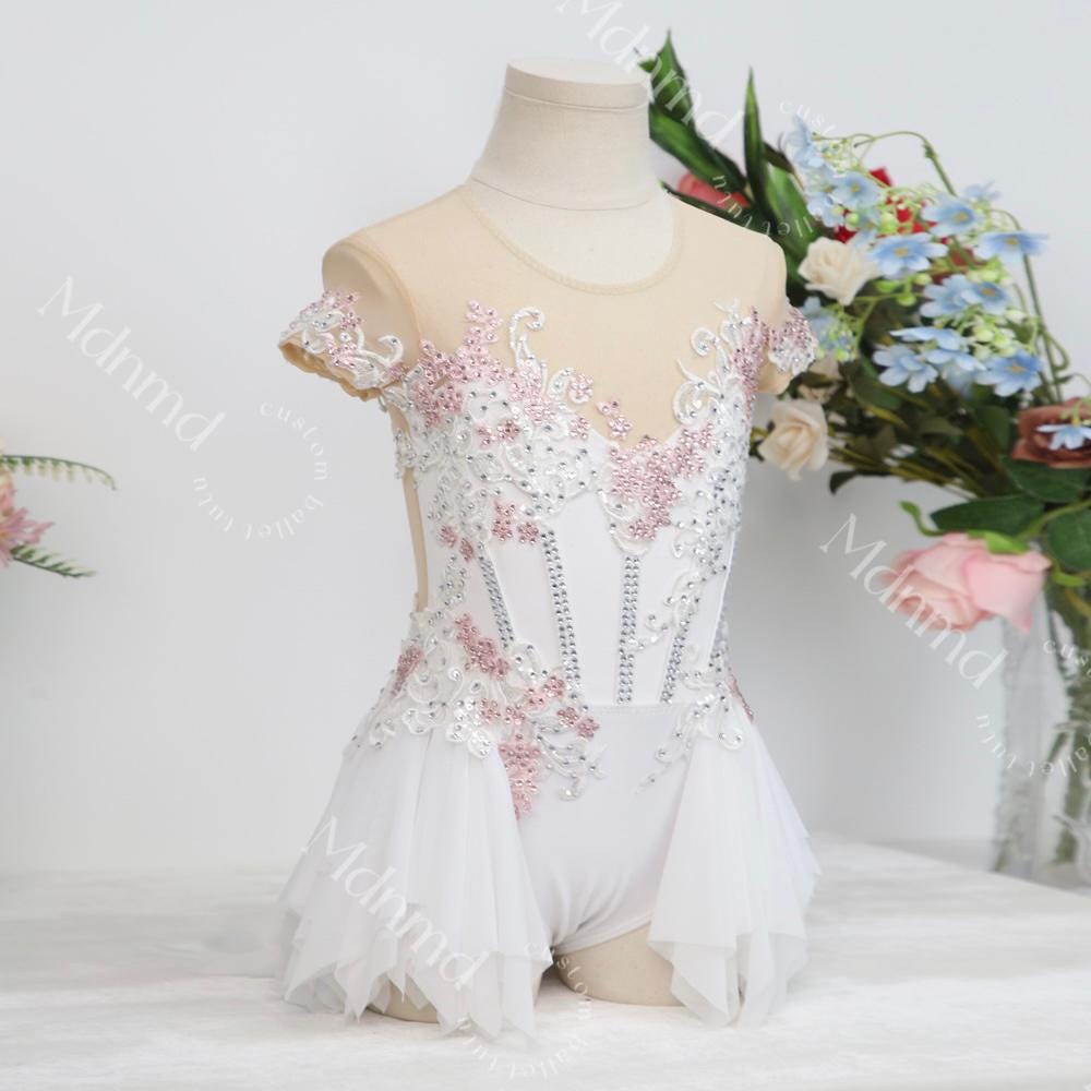 Handmade Contemporary Costume Lyrical Dance Costume: White & Pink Solo Dress with Gold Details