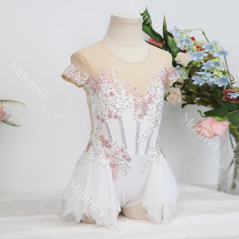 Handmade Contemporary Costume Lyrical Dance Costume: White & Pink Solo Dress with Gold Details