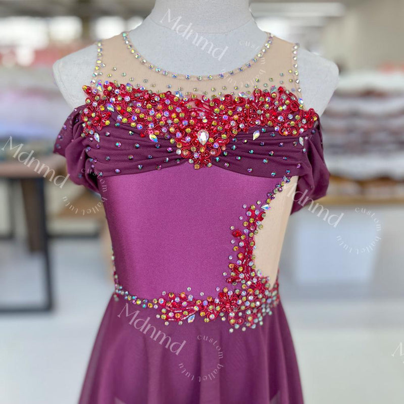 Custom Handmade Contemporary Costume Burgundy Freestyle Solo Lyrical Dance Costume Dancewear with Crystal Embellishments