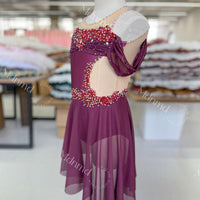 Custom Handmade Contemporary Costume Burgundy Freestyle Solo Lyrical Dance Costume Dancewear with Crystal Embellishments