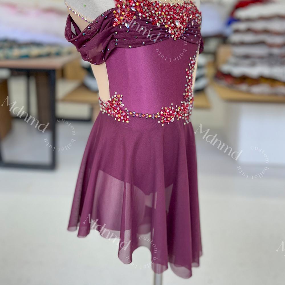 Custom Handmade Contemporary Costume Burgundy Freestyle Solo Lyrical Dance Costume Dancewear with Crystal Embellishments