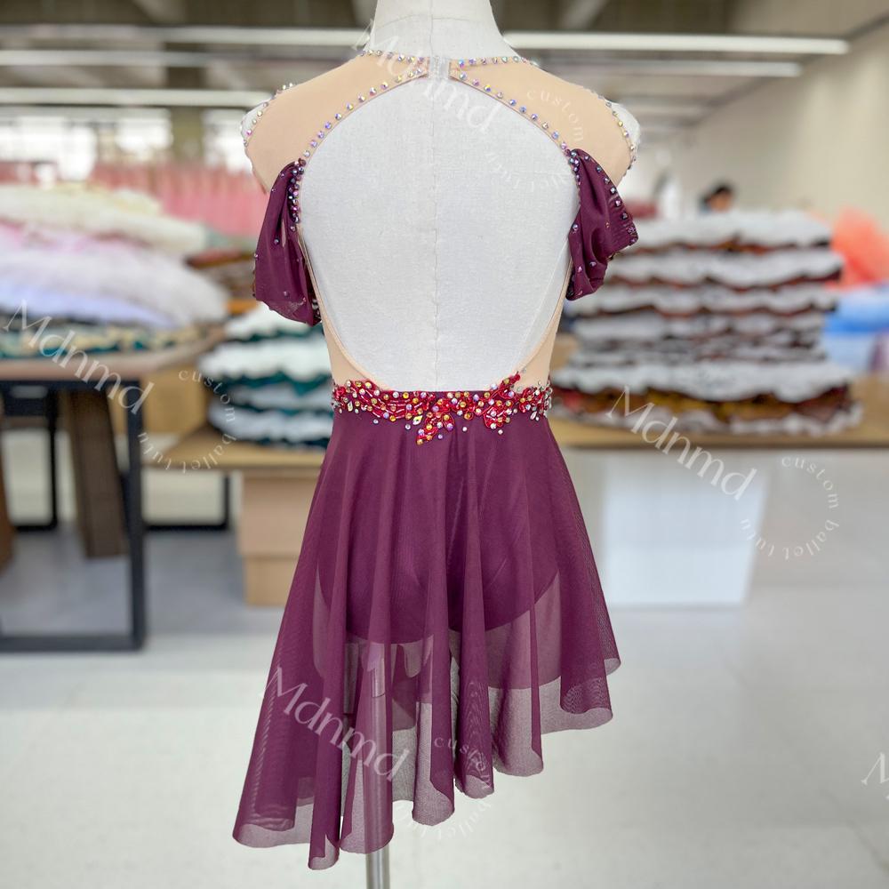 Custom Handmade Contemporary Costume Burgundy Freestyle Solo Lyrical Dance Costume Dancewear with Crystal Embellishments