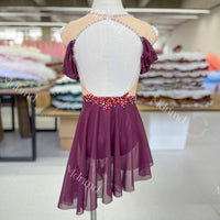 Custom Handmade Contemporary Costume Burgundy Freestyle Solo Lyrical Dance Costume Dancewear with Crystal Embellishments