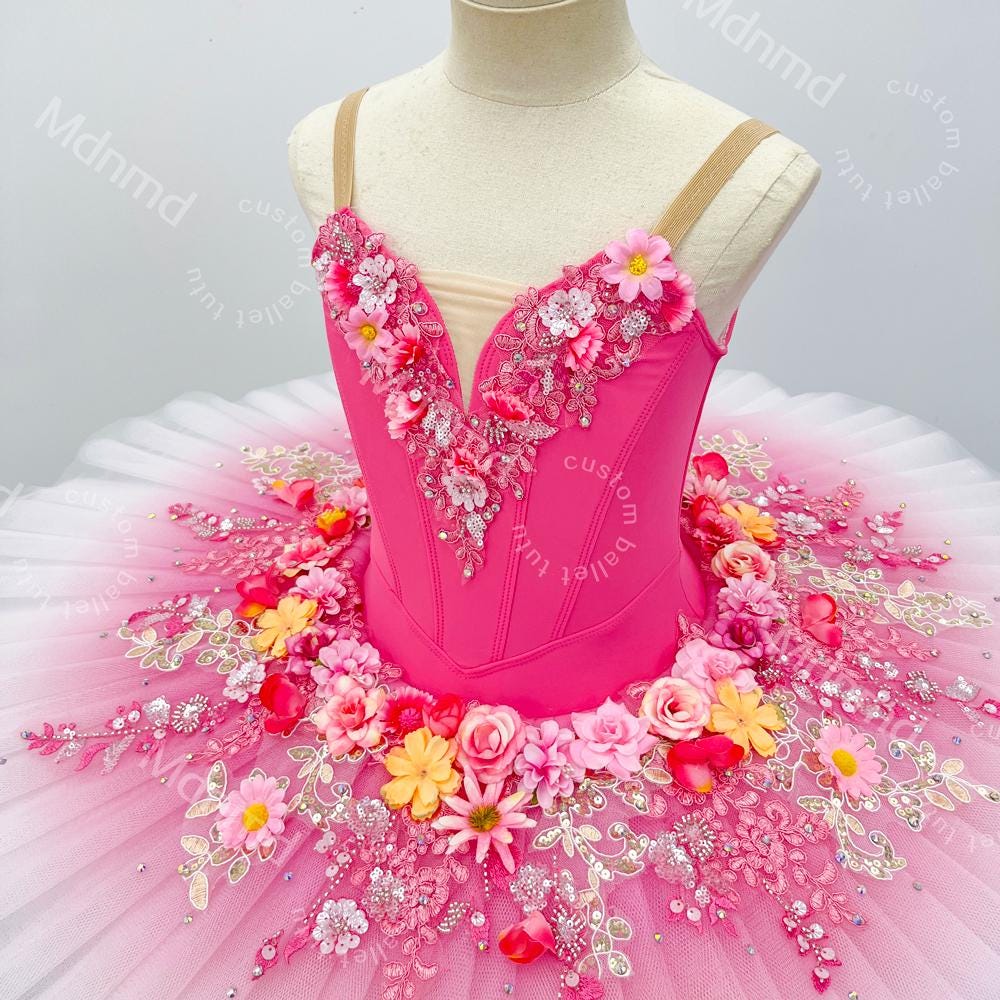 Handmade Rose Red Ballet Tutu Skirt - Custom Floral Embellished Ballerina Costume