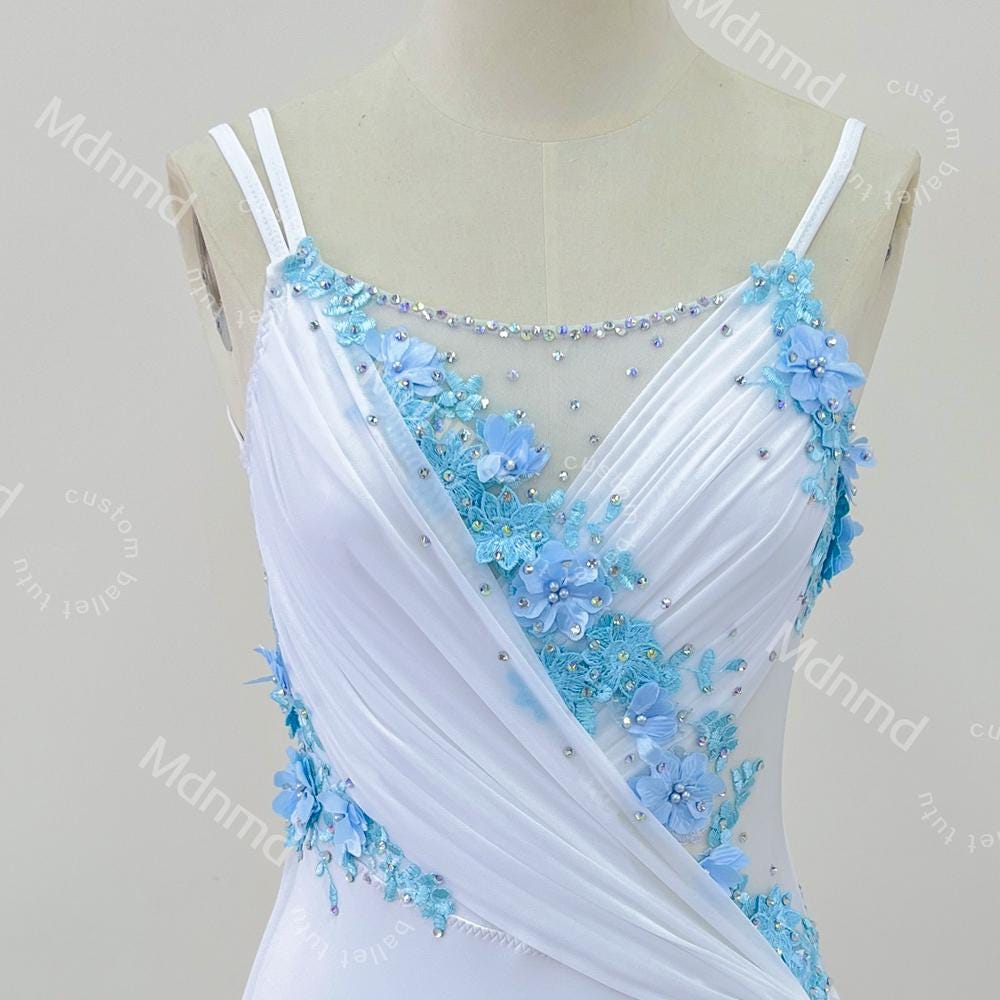 Custom Contemporary Costume Lyrical Dance Costume: White & Blue Floral Diamond Dress Handmade