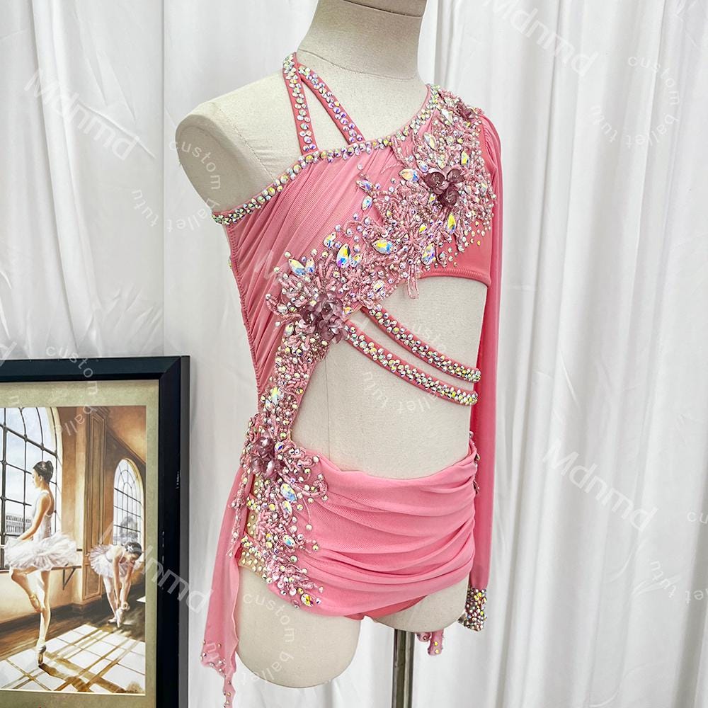 Custom Handcrafted Blush Pink Freestyle Solo Lyrical Dance Costume for Kids & Adults - Crystal Embellished Contemporary Costume