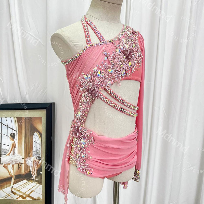 Custom Handcrafted Blush Pink Freestyle Solo Lyrical Dance Costume for Kids & Adults - Crystal Embellished Contemporary Costume