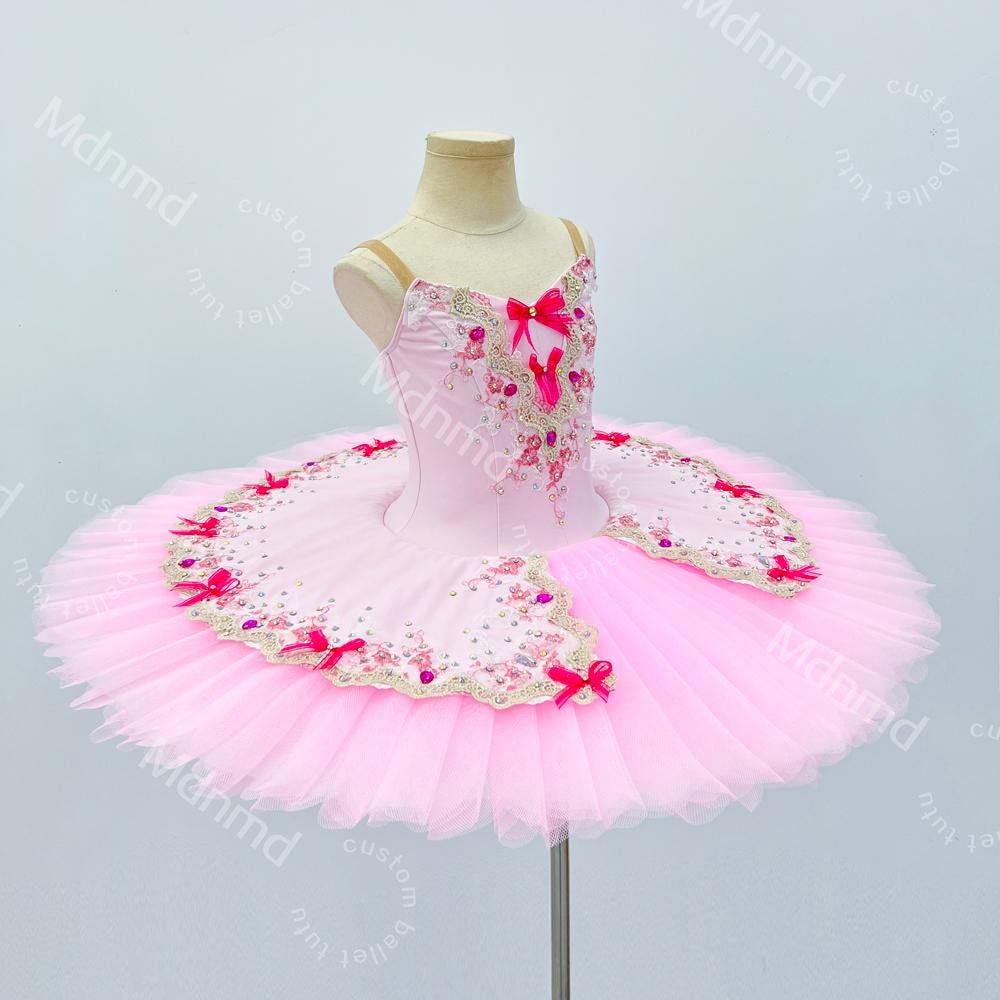 Handmade Pink Bow Ballet Tutu Dress - Custom Spaghetti Strap Princess Dance Costume for Girls