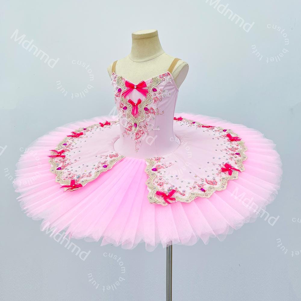 Handmade Pink Bow Ballet Tutu Dress - Custom Spaghetti Strap Princess Dance Costume for Girls