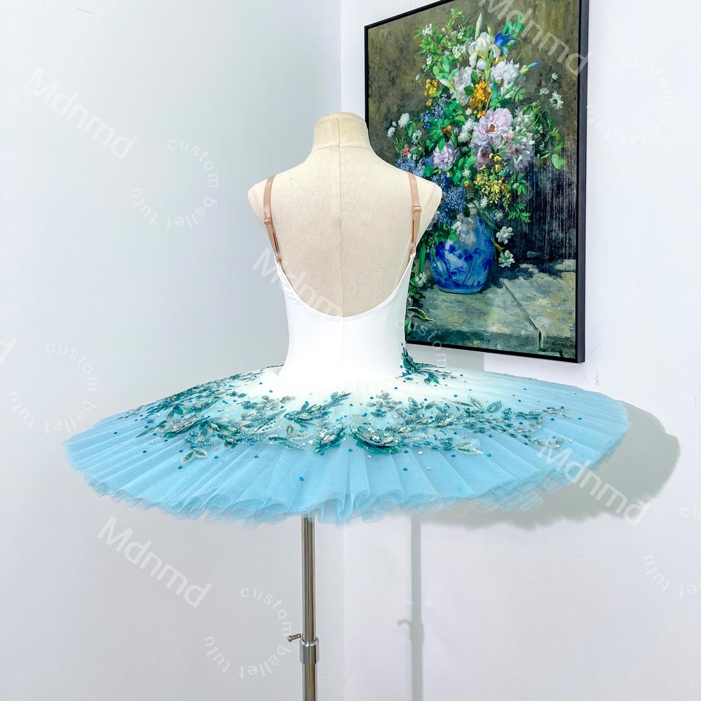 Handmade Light Blue Ombre Ballet Tutu Dress: Embroidered Flower Ballerina Costume