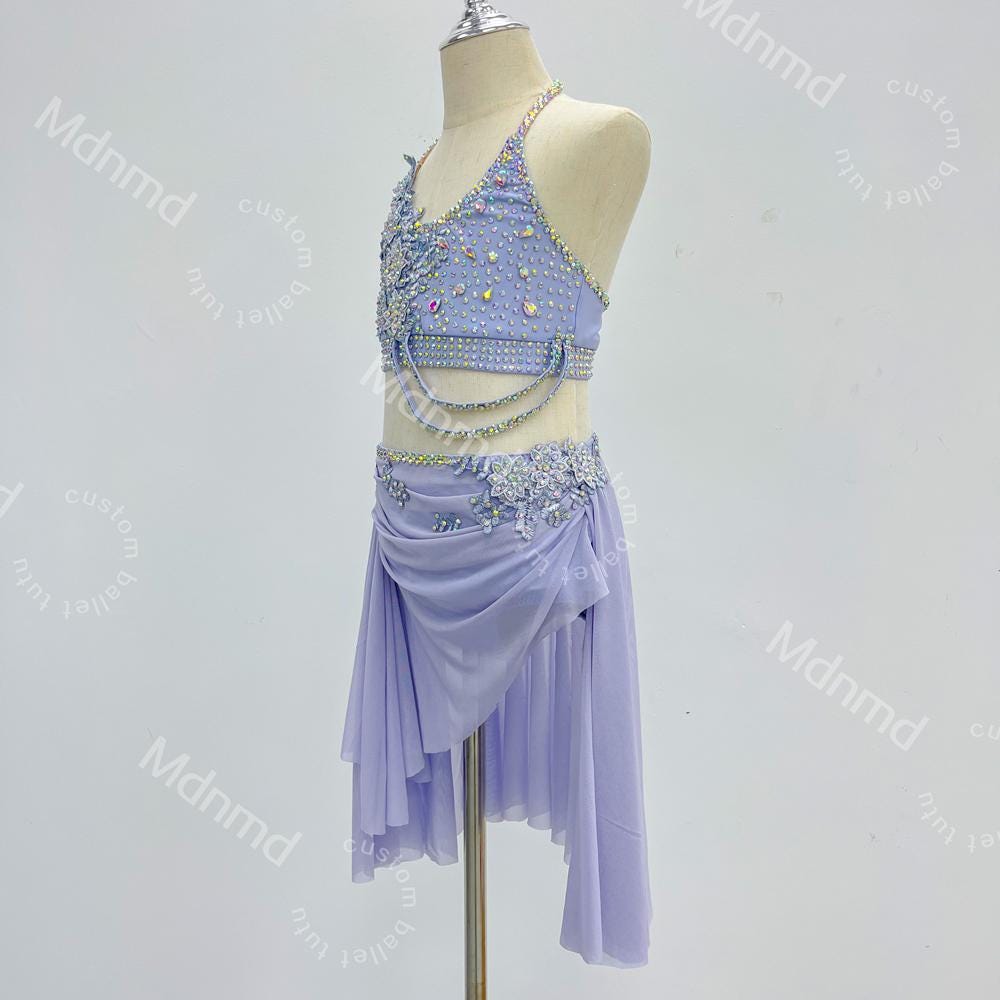 Custom Handmade Violet Freestyle Solo Lyrical Dance Costume with PearlDazzle Crystal Embellishments Contemporary Costume