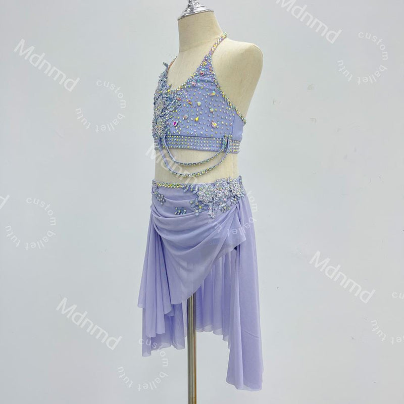 Custom Handmade Violet Freestyle Solo Lyrical Dance Costume with PearlDazzle Crystal Embellishments Contemporary Costume