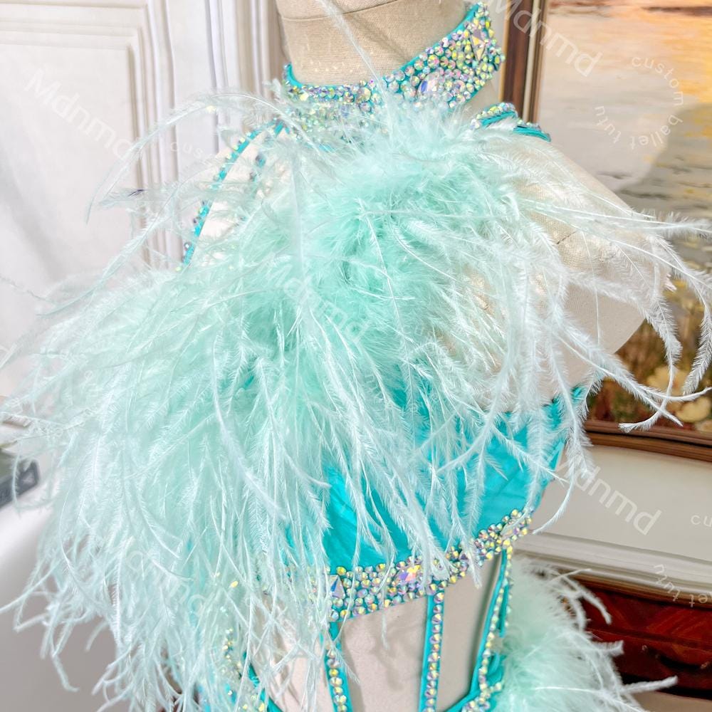 Handmade Sky-Blue Contemporary Costume Lyrical Solo Dance Costume with Crystals and Turkey Feathers