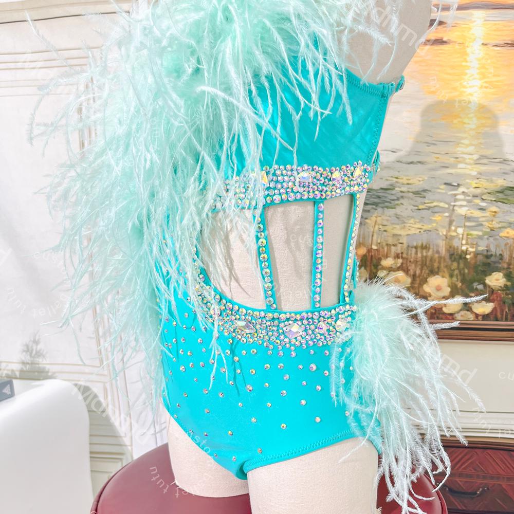 Handmade Sky-Blue Contemporary Costume Lyrical Solo Dance Costume with Crystals and Turkey Feathers