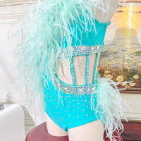 Handmade Sky-Blue Contemporary Costume Lyrical Solo Dance Costume with Crystals and Turkey Feathers