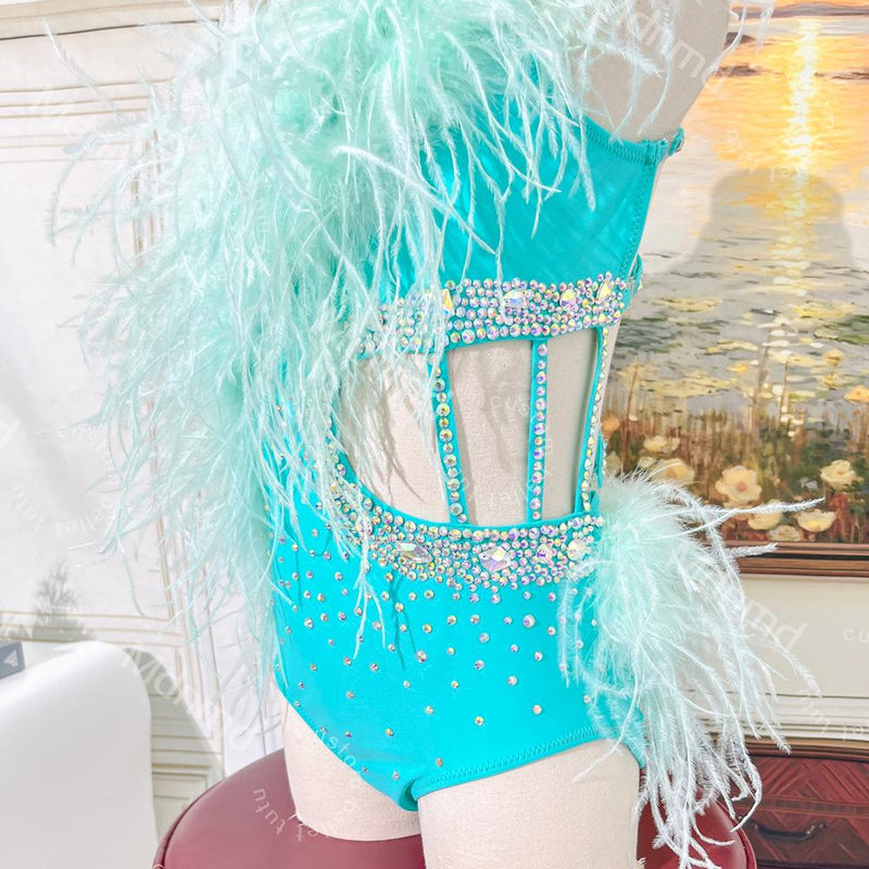 Handmade Sky-Blue Contemporary Costume Lyrical Solo Dance Costume with Crystals and Turkey Feathers