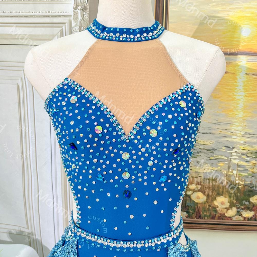 Handmade Rhinestone Lyrical Dance Costume - Blue Shimmer Mesh, Custom Solo Dress