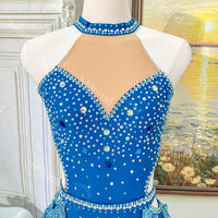 Handmade Rhinestone Lyrical Dance Costume - Blue Shimmer Mesh, Custom Solo Dress
