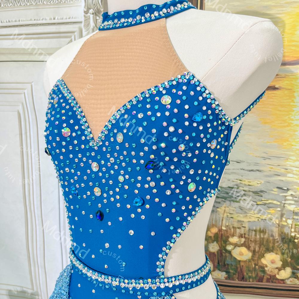 Handmade Rhinestone Lyrical Dance Costume - Blue Shimmer Mesh, Custom Solo Dress