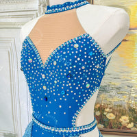 Handmade Rhinestone Lyrical Dance Costume - Blue Shimmer Mesh, Custom Solo Dress
