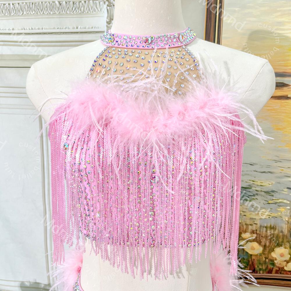 Pink Feather Sequin Fringe Lyrical Dance Costume | Custom Ballet Competition Outfit