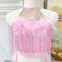 Pink Feather Sequin Fringe Lyrical Dance Costume | Custom Ballet Competition Outfit