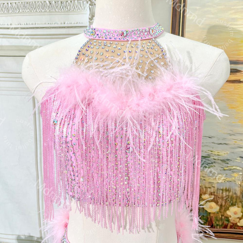Pink Feather Sequin Fringe Lyrical Dance Costume | Custom Ballet Competition Outfit