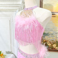 Pink Feather Sequin Fringe Lyrical Dance Costume | Custom Ballet Competition Outfit