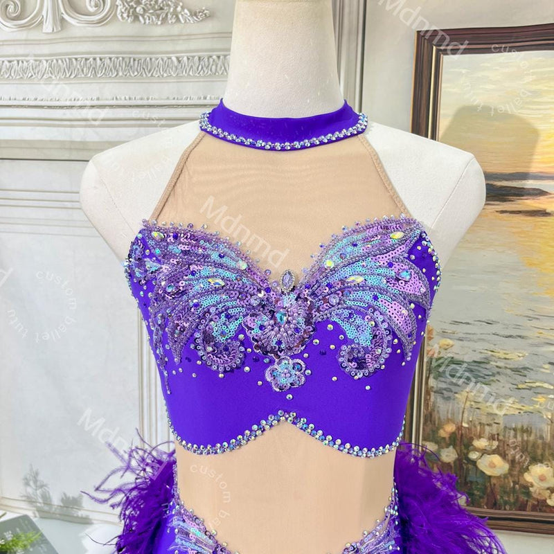 Handmade Purple Lyrical Dance Costume | Butterfly Bodice, Feather Skirt