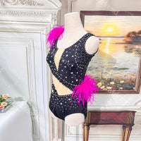 Black Lyrical Solo Dance Dress with Pink Feathers and Rhinestones | Custom Handmade Contemporary Costume