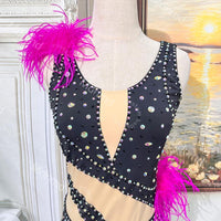 Black Lyrical Solo Dance Dress with Pink Feathers and Rhinestones | Custom Handmade Contemporary Costume