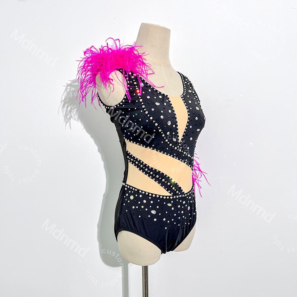 Black Lyrical Solo Dance Dress with Pink Feathers and Rhinestones | Custom Handmade Contemporary Costume