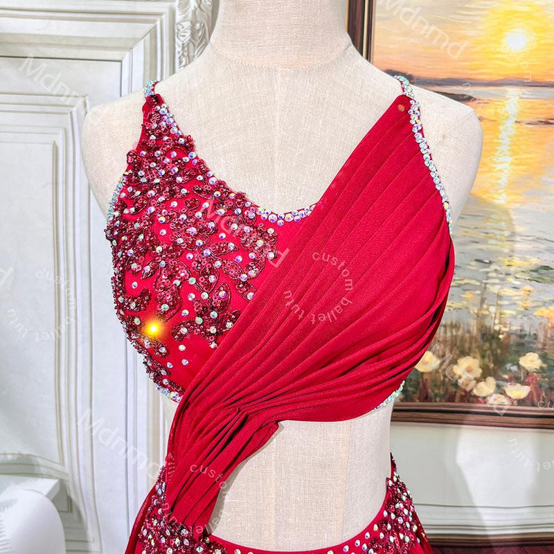Red Lyrical Dance Dress | Hand-Gathered Bodice, Flowing Skirt, Custom Costume