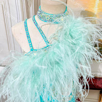 Handmade Sky-Blue Contemporary Costume Lyrical Solo Dance Costume with Crystals and Turkey Feathers
