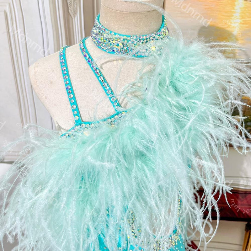 Handmade Sky-Blue Contemporary Costume Lyrical Solo Dance Costume with Crystals and Turkey Feathers