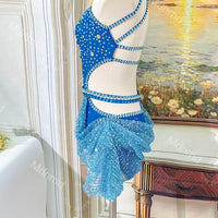 Handmade Rhinestone Lyrical Dance Costume - Blue Shimmer Mesh, Custom Solo Dress