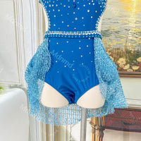 Handmade Rhinestone Lyrical Dance Costume - Blue Shimmer Mesh, Custom Solo Dress