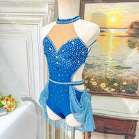 Handmade Rhinestone Lyrical Dance Costume - Blue Shimmer Mesh, Custom Solo Dress