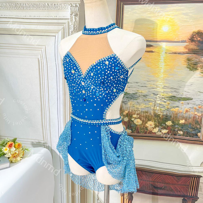 Handmade Rhinestone Lyrical Dance Costume - Blue Shimmer Mesh, Custom Solo Dress