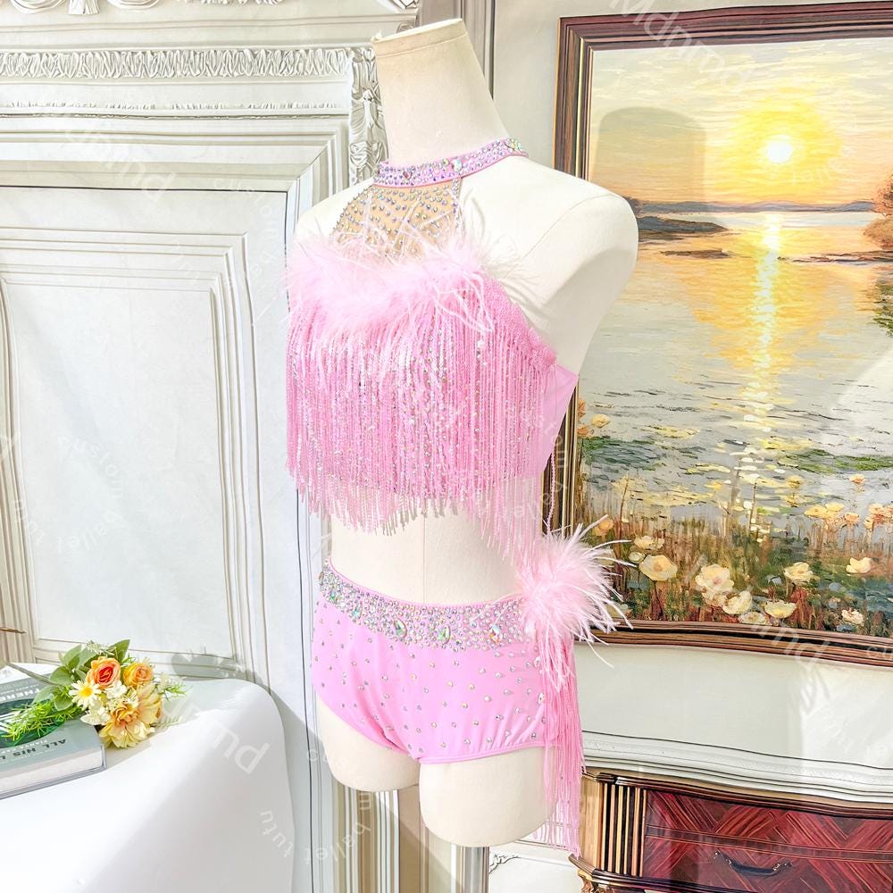 Pink Feather Sequin Fringe Lyrical Dance Costume | Custom Ballet Competition Outfit