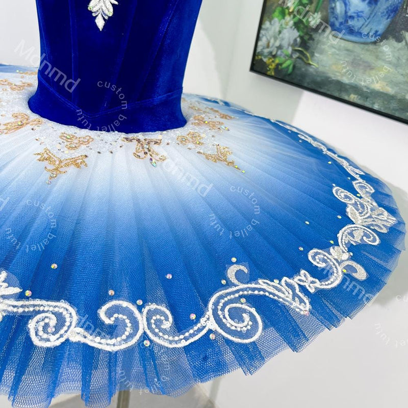 Royal Sapphire Blue Velvet Stretch Ballet Tutu Custom Handmade Dance Costume for Stage & Competition
